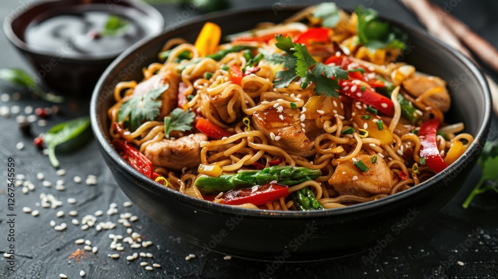 Stir-fried noodles with chicken, asparagus, pepper, sesame seeds, and soy sauce on dark concrete background Stir-fried noodles with chicken, asparagus, pepper, sesame seeds, and soy sauce on dark concrete background