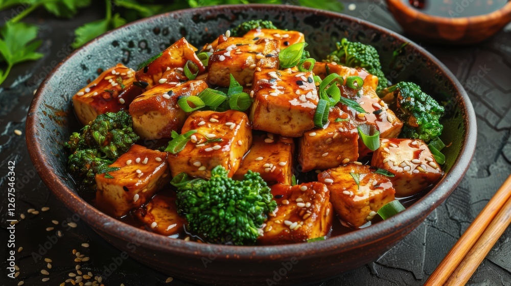 Tofu stir-fry with broccoli on a dark textured table, flat lay Tofu stir-fry with broccoli on a dark textured table, flat lay