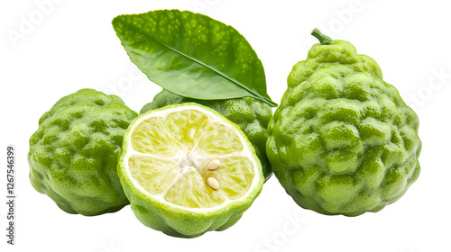 Fresh bergamot fruit, halved to reveal its vibrant interior, accompanied by lush green leaves. Isolated on a transparent background.