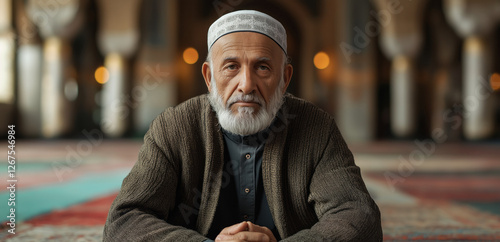 In a moment of contemplation, a devoted Muslim man sits cross-legged on the plush carpet of the mosque