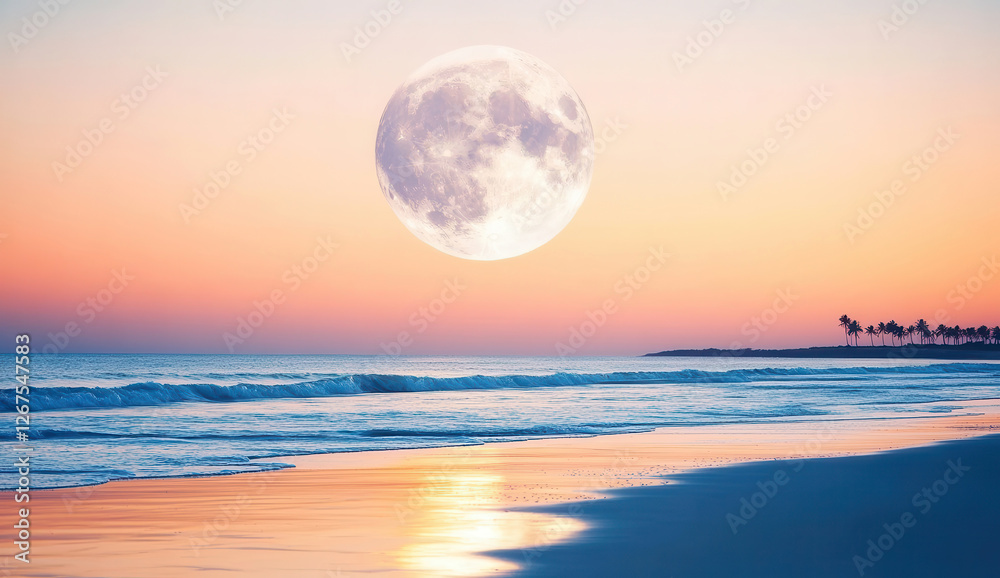 Full moon setting over a calming tropical beach at dawn Full moon setting over a calming tropical beach at dawn