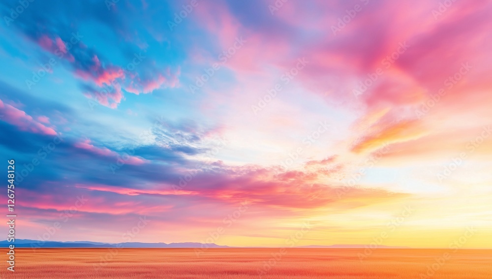 Beautiful sunset over vast open fields with colorful clouds illuminating the horizon in a serene landscape Beautiful sunset over vast open fields with colorful clouds illuminating the horizon in a serene landscape