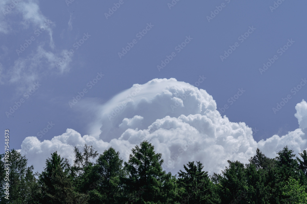 A dramatic large cloud dominates the blue sky over a lush forest in Bavaria, Germany, offering a scenic view and a sign of incoming weather changes A dramatic large cloud dominates the blue sky over a lush forest in Bavaria, Germany, offering a scenic view and a sign of incoming weather changes
