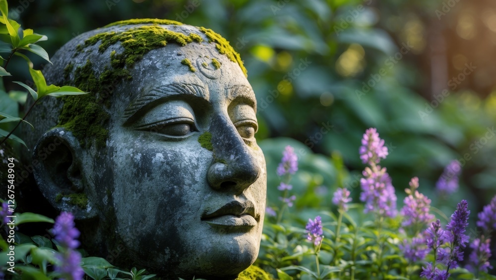 Obraz premium Ancient stone face sculpture in a garden setting