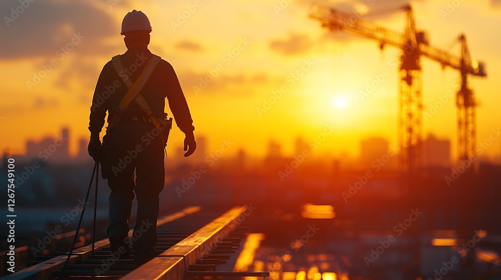 Fototapeta premium A silhouetted construction worker stands on a beam against a vibrant sunset, with cranes and a city skyline in the background.
