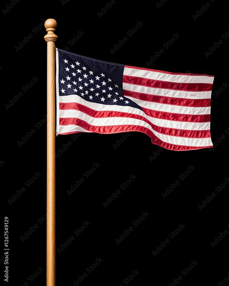 Naklejka premium Waving American flag on a pole against a dark background.