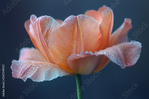 Elegant Tulip Bloom, Soft Peach Petals Adorned with Morning Dew Drops