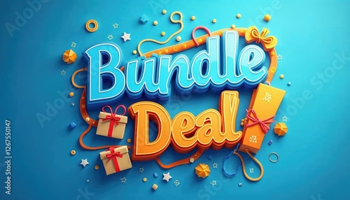 Colorful promotional graphic featuring a bundle deal with gifts and festive decorations on a blue background