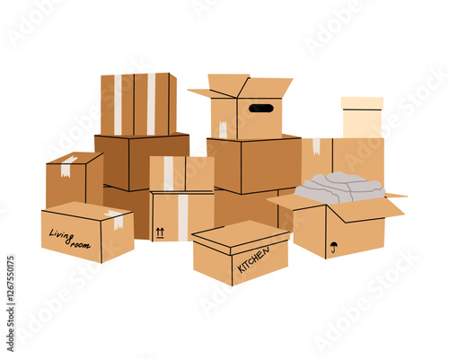 Cardboard boxes. Stacked box piles. Cargo warehouse stack. Delivery and moving container. Hand drawn package heap, carton mailboxes. Parcel cartoon flat isolated vector illustration composition set