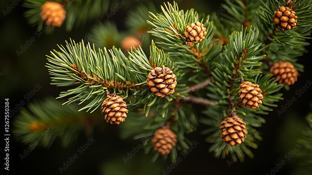 Close-up of pine tree branches against a dark background, hyper-realistic photography. Close-up of pine tree branches against a dark background, hyper-realistic photography.