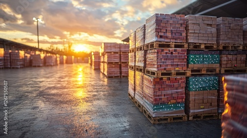 Sunset over brick pallets at outdoor warehouse, construction material storage