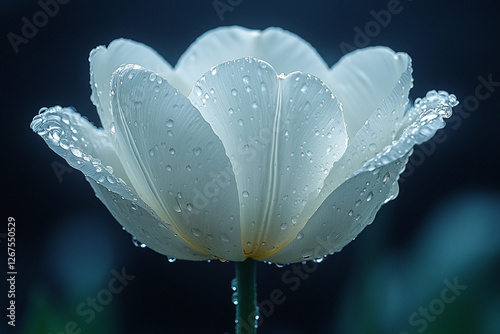 Ethereal Bloom, A Dew-Kissed White Tulip Embraces Tranquility