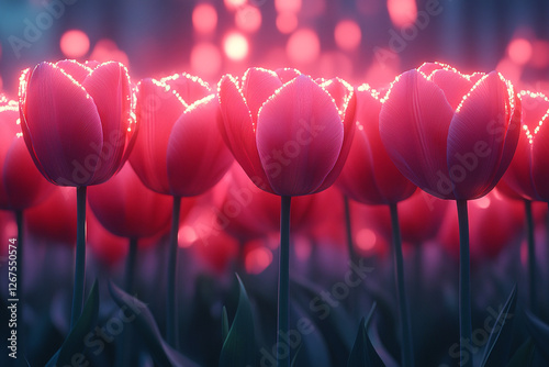 Crimson Tulips Illuminated by Dreamy Bokeh Hues at Twilight