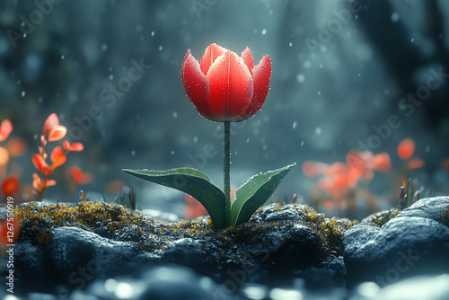 Scarlet tulip bathed in a gentle spring drizzle, emerging from mossy stones