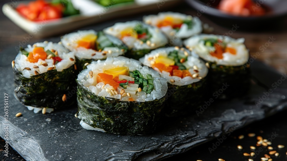 Vegetarian sushi rolls on a dark textured table, flat lay Vegetarian sushi rolls on a dark textured table, flat lay