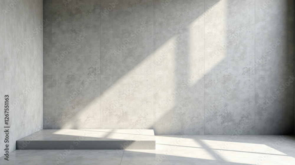 Sunlit Minimalist Concrete Room with Elevated Platform Ideal for Product Display or Presentation Sunlit Minimalist Concrete Room with Elevated Platform Ideal for Product Display or Presentation