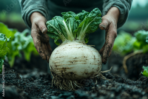 Newly harvested turnip gently held over rich organic soil at farm