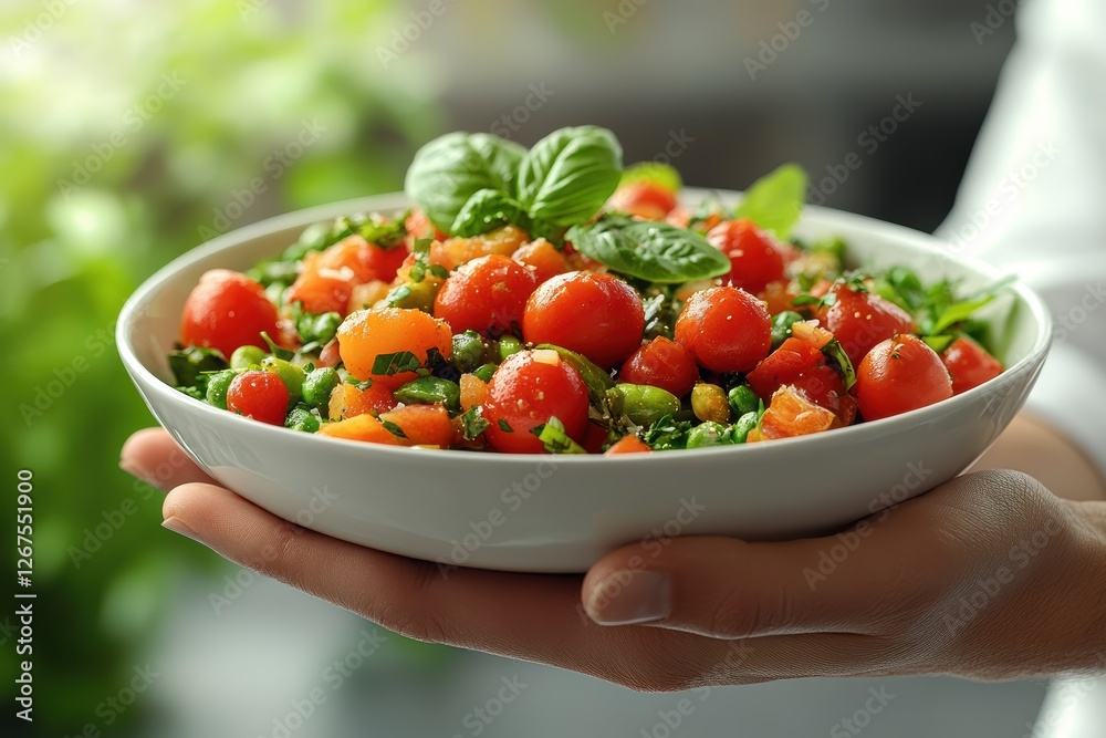 Fresh basil salad served in a bowl held by a person in a cozy kitchen setting Fresh basil salad served in a bowl held by a person in a cozy kitchen setting