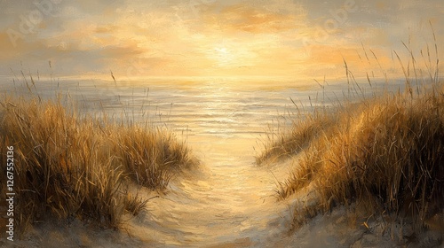 Serene sunrise pathway through dune grass to tranquil beach