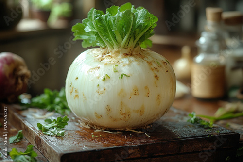 Tranquil Still Life, Turnip on Wooden Board with Rustic Charm