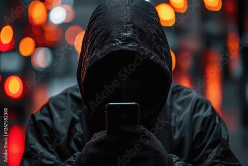 phone scammers, fraudster, hacker, unknown man in hood with phone in his hand, spy, danger