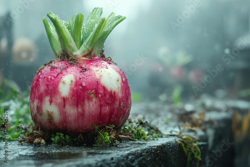 A Dew-Kissed Turnip Resting After the Rain in a Lush Garden