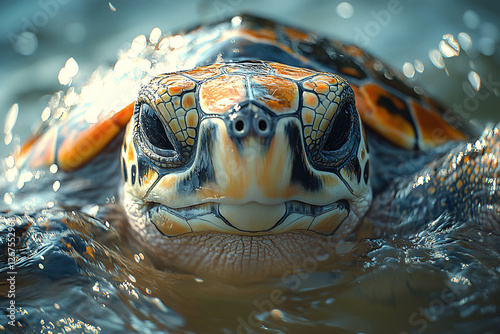 Intimate Portrait of Sea Turtle Emerging from Glistening Water