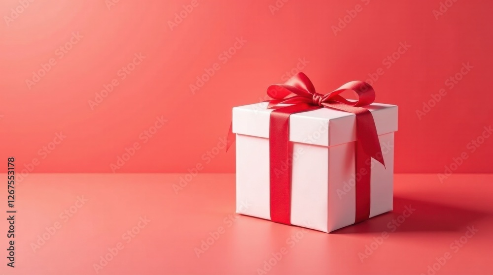 A pristine white gift box adorned with a vibrant red ribbon, symbolizing celebration and thoughtful giving, rests on a coral background. A pristine white gift box adorned with a vibrant red ribbon, symbolizing celebration and thoughtful giving, rests on a coral background.