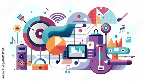 The image portrays abstract forms representing the evolving landscape of music technology and sound innovation, creating a visually appealing and versatile image suitable for various applications, in photo