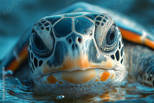 Mesmerizing sea turtle portrait, reflecting the calm ocean surface