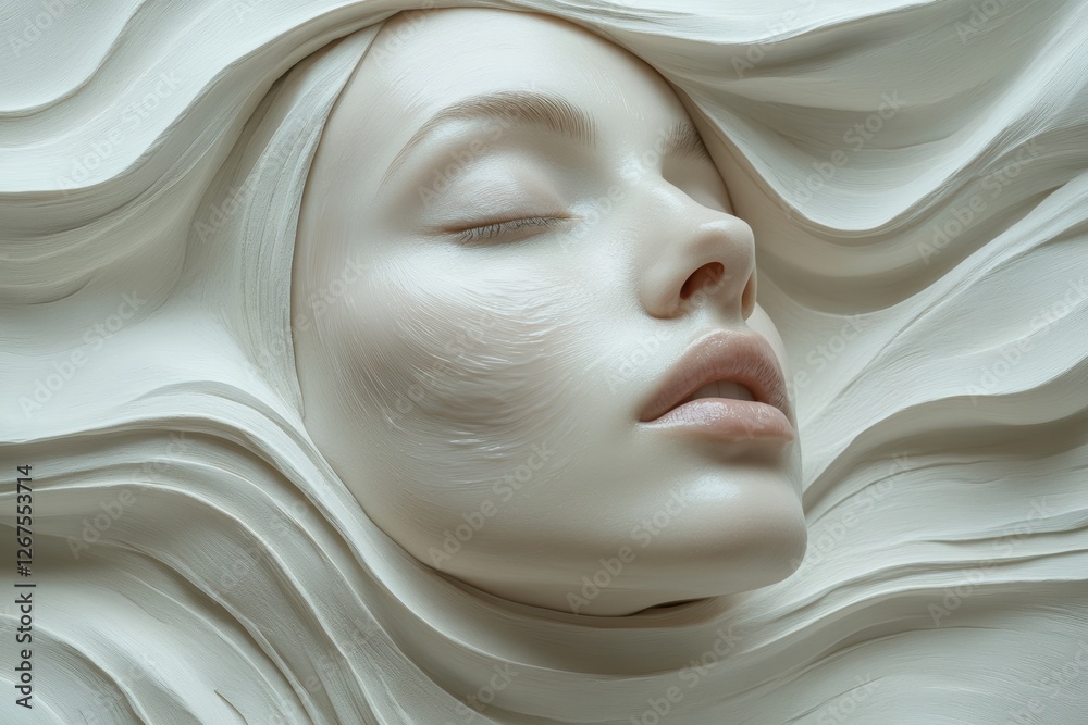 Creative graphic layout showcasing a serene face surrounded by flowing textures for advertising Creative graphic layout showcasing a serene face surrounded by flowing textures for advertising