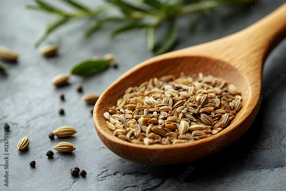 Close-up of Fennel Seeds in a Wooden Spoon with Black Pepper and Cardamom on a Stone Surface