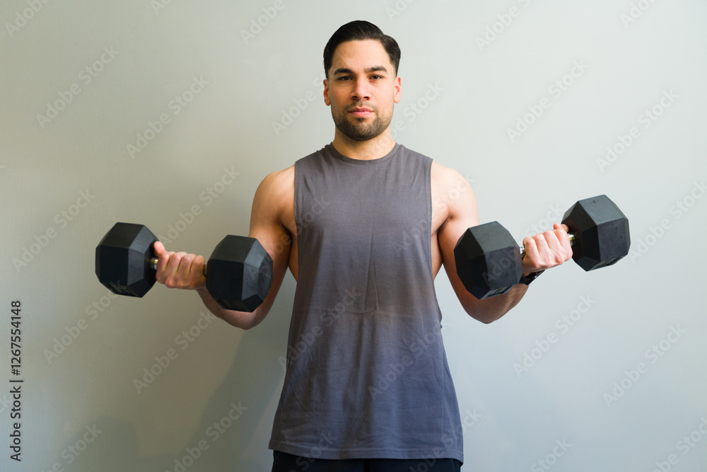 Determined male bodybuilder lifting weights during bicep curl exercise Determined male bodybuilder lifting weights during bicep curl exercise