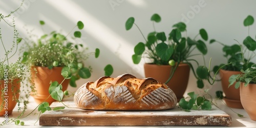 Freshly Baked Artisan Bread on Wooden Board in Sunlit Kitchen with Green Plants photo