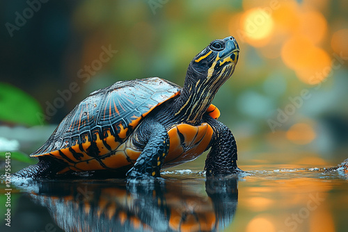 Contemplative Turtle Pausing in Tranquil Waters at Sunset's Warmth