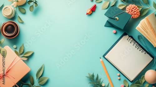 Serene Workspace: Blank Notebook, Pastel Accents, and Greenery on Aqua Background