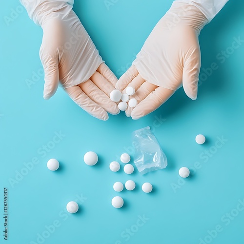 Hands Placing White Spheres on Blue Background