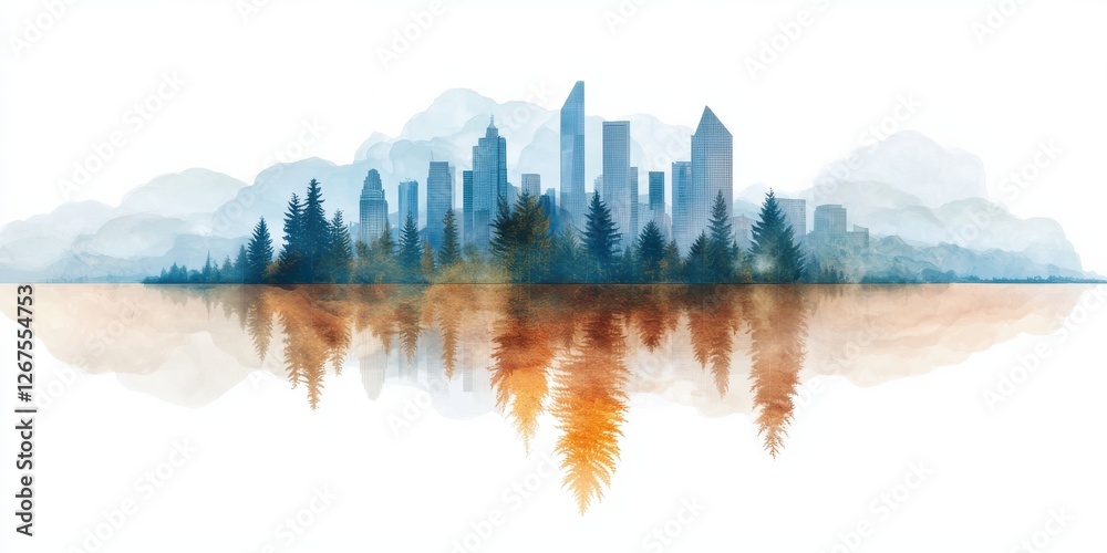 Fototapeta premium Urban landscape reflection in nature city skyline digital art calm waters aesthetic serenity