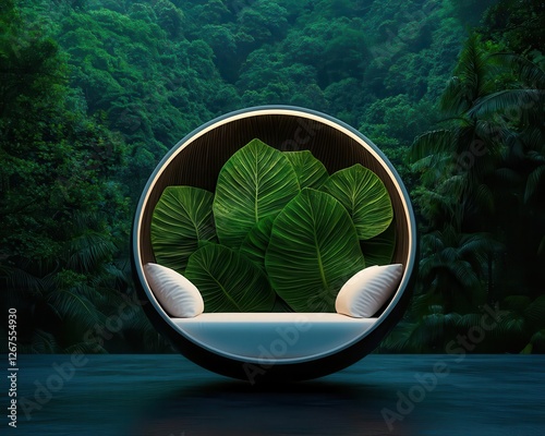 Artistic sleep pod shaped like a leaf, surrounded by nature