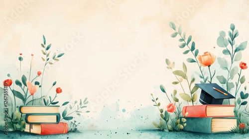 Floral Graduation Background: Books, Cap, and Watercolor Blooms