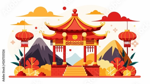Against the backdrop of majestic hills, a Chinese pavilion stands as a focal point, its elegant structure enhanced by the vibrant colors of red and gold New Year decorations, creating a visually stun