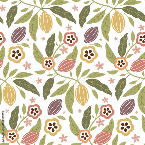 Cocoa vector seamless pattern. Chocolate cocoa beans background. Vector hand drawn illustration. Vintage style illustration.