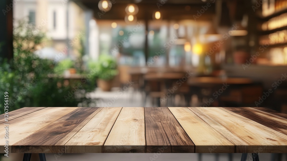 Creative blurry background with wooden desk and blurred cafe or restaurant interior. Mock up Creative blurry background with wooden desk and blurred cafe or restaurant interior. Mock up
