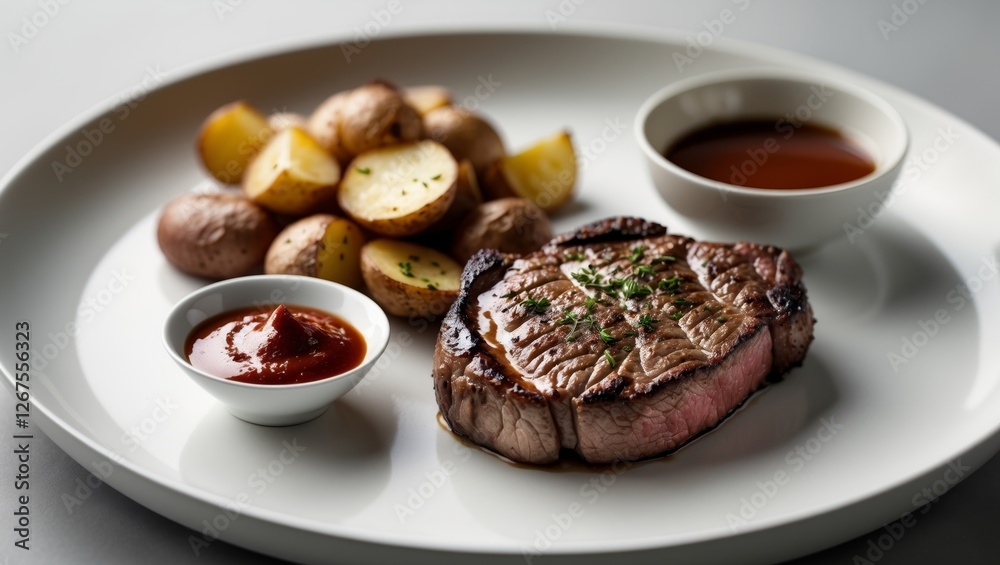 Steak served with roasted potatoes and a small bowl of dipping sauce on a white plate Steak served with roasted potatoes and a small bowl of dipping sauce on a white plate