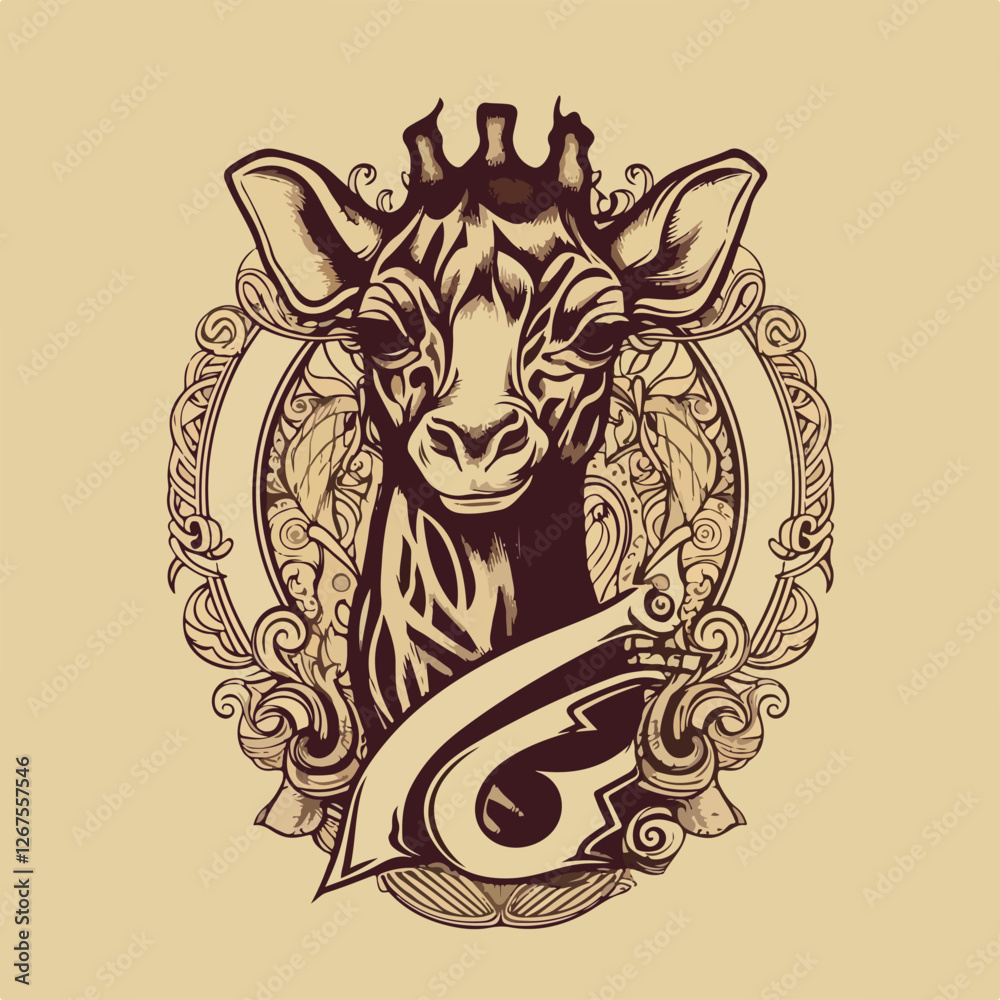 This is an ornate illustration of a giraffe head. The animal is framed by a floral design and a stylized letter G. This is an ornate illustration of a giraffe head. The animal is framed by a floral design and a stylized letter G.