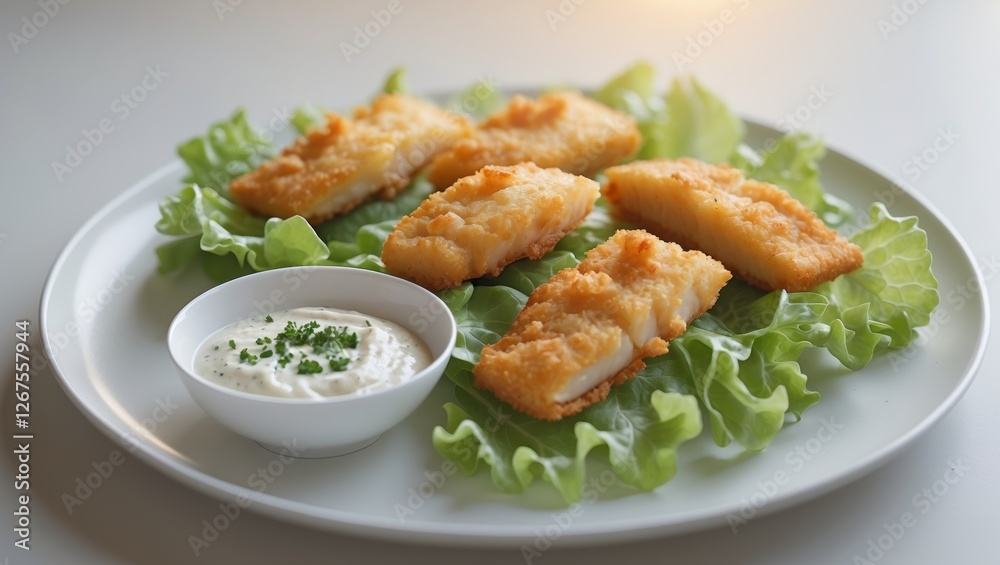 Crispy Fried Fish Fillets with Fresh Lettuce and Creamy Dip Sauce Crispy Fried Fish Fillets with Fresh Lettuce and Creamy Dip Sauce
