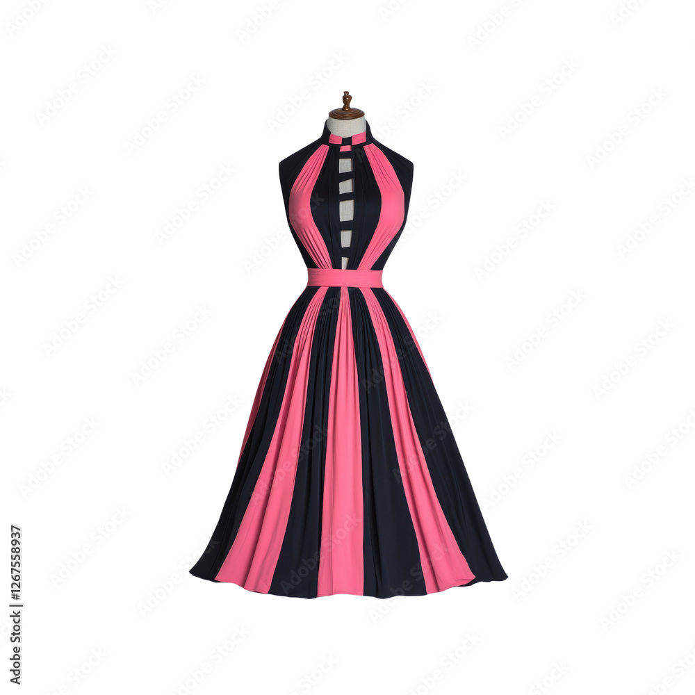 Elegant Pink and Black Pleated Dress on Mannequin Elegant Pink and Black Pleated Dress on Mannequin