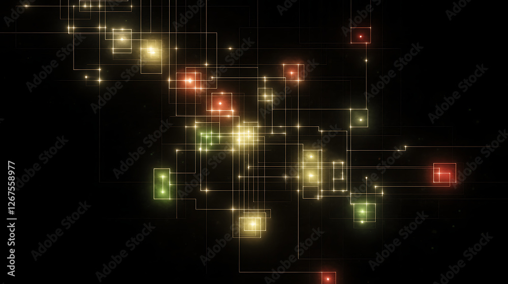 Fototapeta premium Connected Nodes and Circuits with Glowing Points on Dark Backdrop SciFi Network Visualization