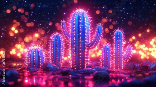 Glowing cacti in desert at night, bokeh background, digital art, for design