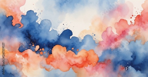 Soft abstract watercolor painting featuring blue, orange, and blush tones with cloud-like formations